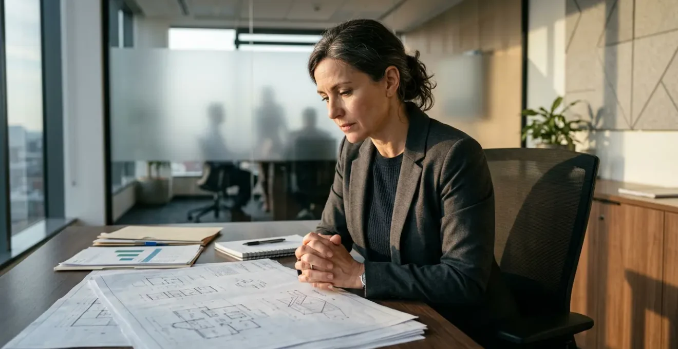 Technicien senior en réflexion devant son bureau avec documents d'évolution de carrière