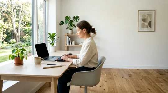 Personne travaillant de manière autonome dans un espace de travail à domicile moderne et organisé