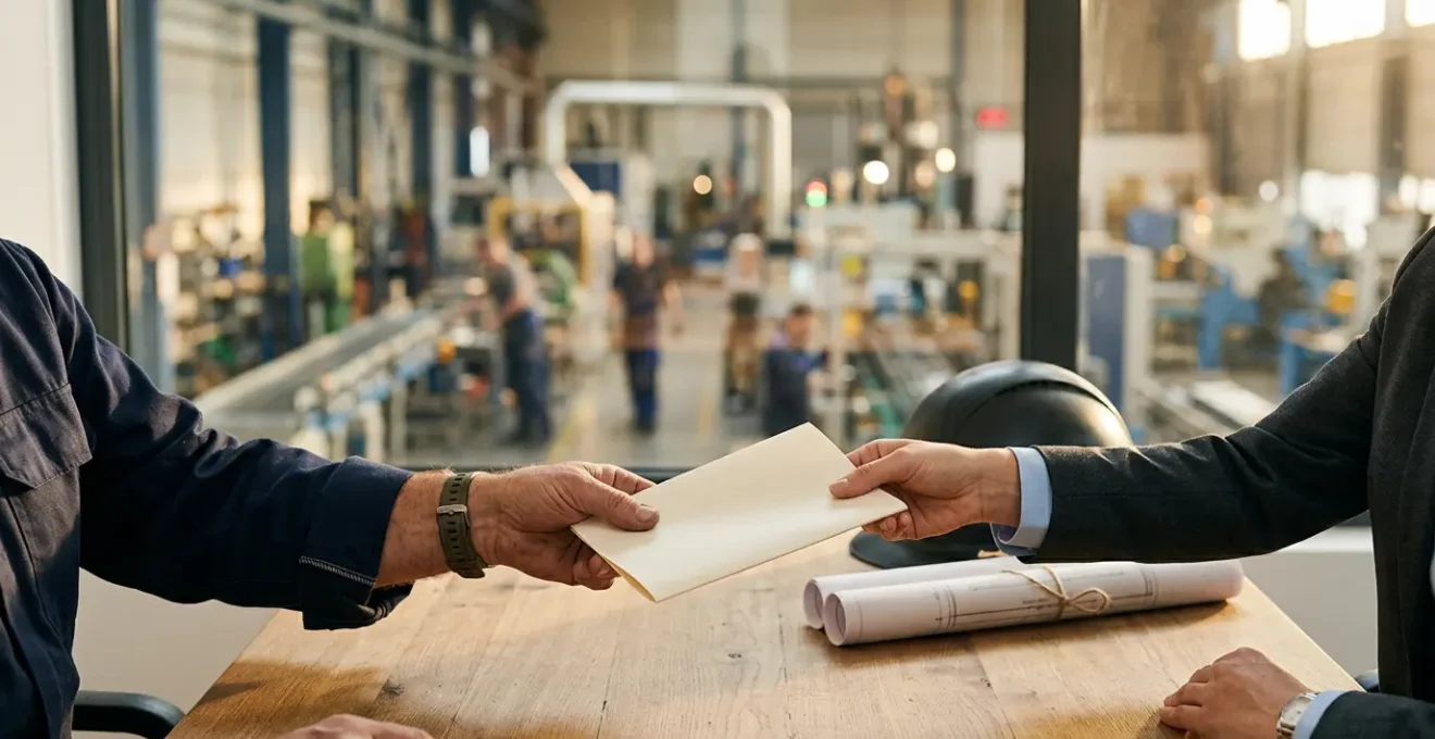Vue d'un bureau industriel avec contrat et outils de travail symbolisant le passage de l'intérim au CDI