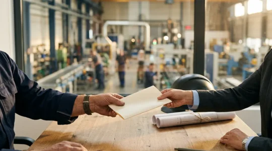 Vue d'un bureau industriel avec contrat et outils de travail symbolisant le passage de l'intérim au CDI