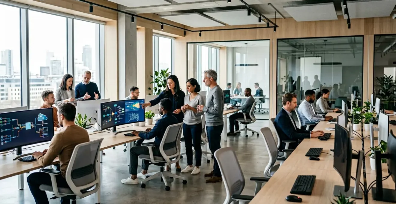 Professionnels collaborant autour de pipelines de données colorés et d'infrastructures cloud