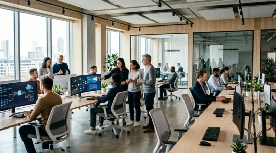 Professionnels collaborant autour de pipelines de données colorés et d'infrastructures cloud