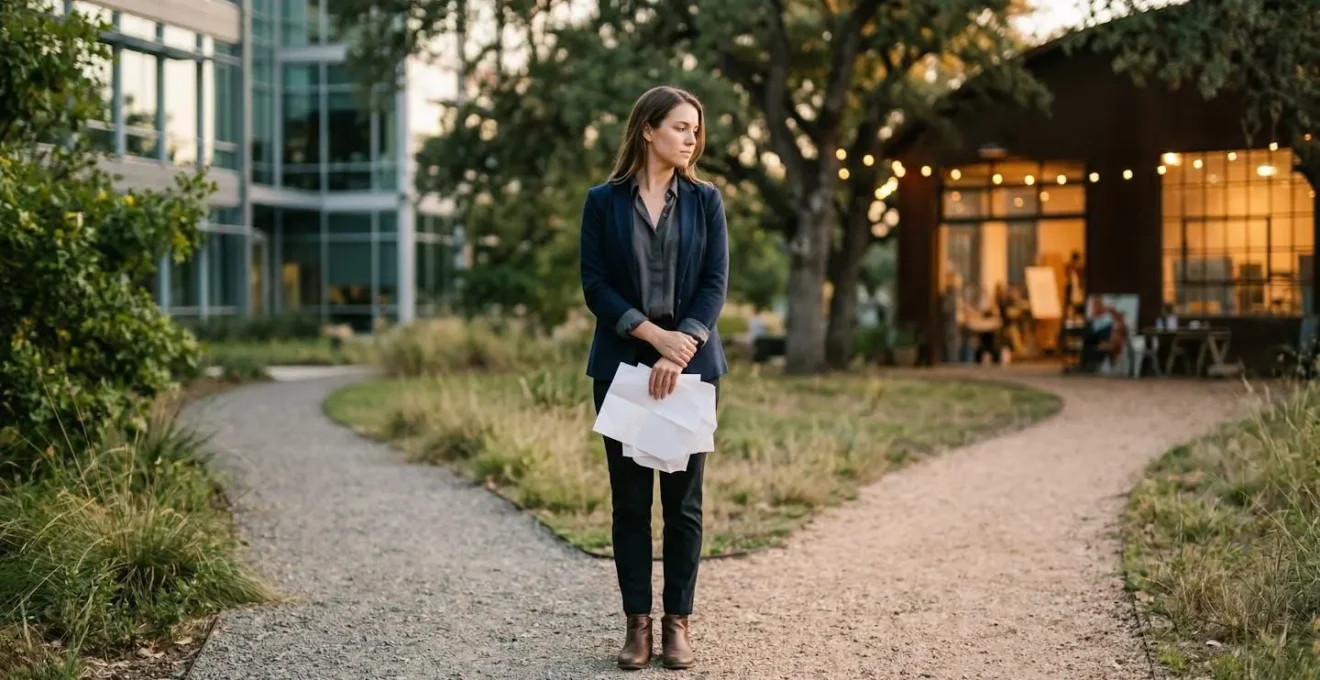 Personne à la croisée des chemins professionnels avec documents administratifs et horizon lumineux