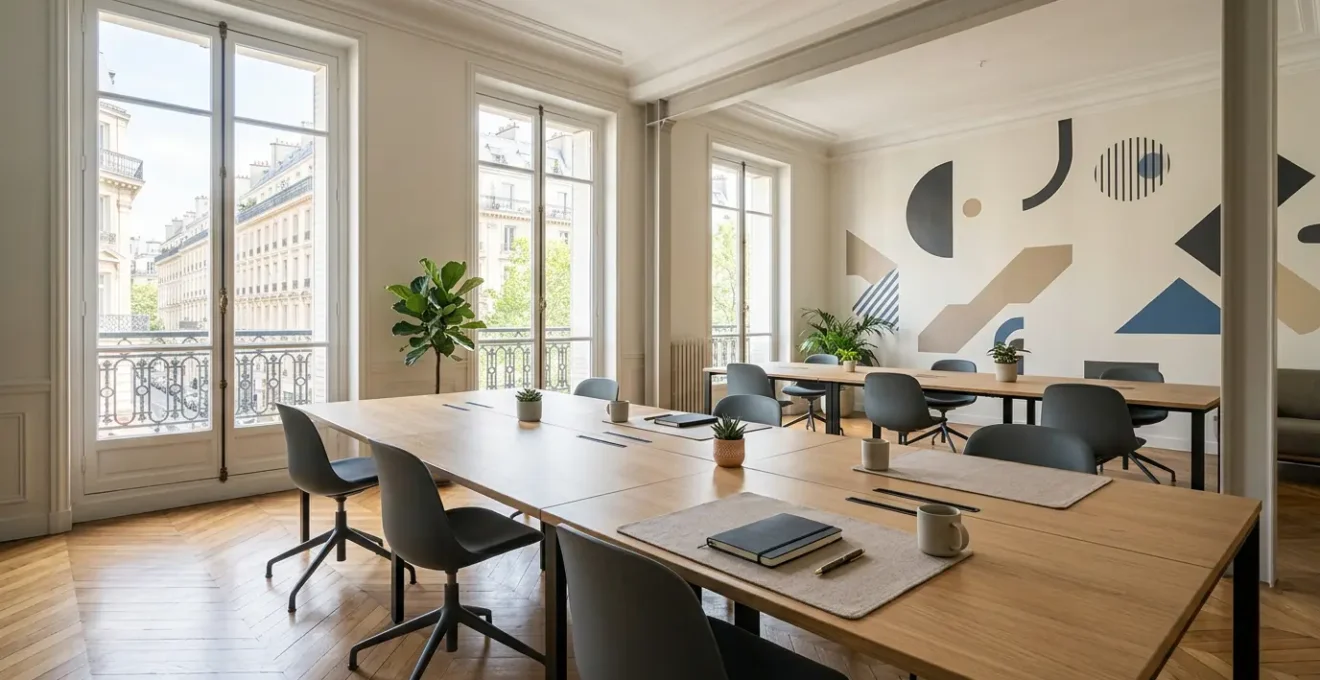 Vue d'ensemble d'un espace de travail professionnel moderne avec documents administratifs et écrans d'ordinateurs dans un bureau français