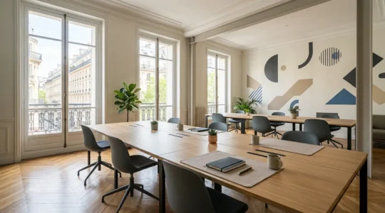 Vue d'ensemble d'un espace de travail professionnel moderne avec documents administratifs et écrans d'ordinateurs dans un bureau français