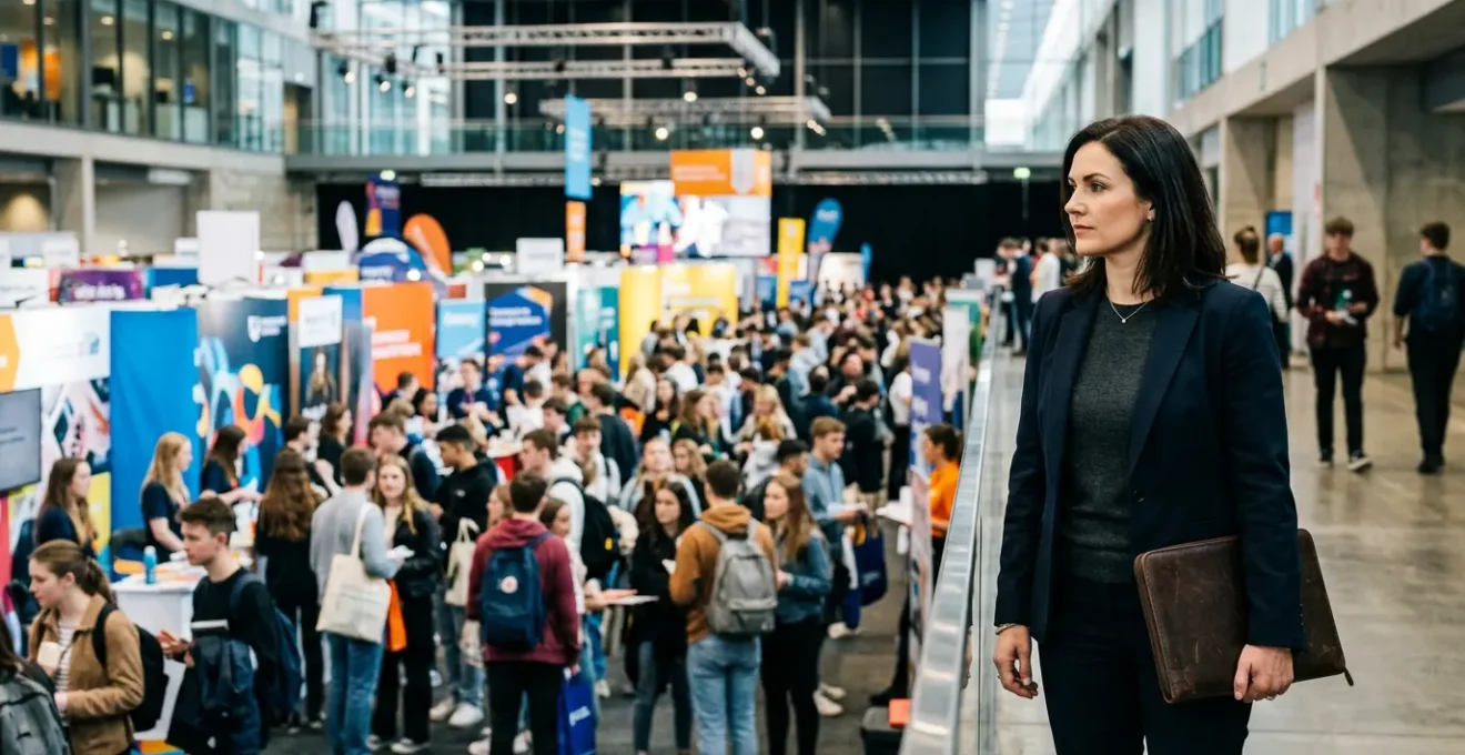 Professionnel mature observant stratégiquement un salon étudiant, debout en périphérie avec une posture confiante