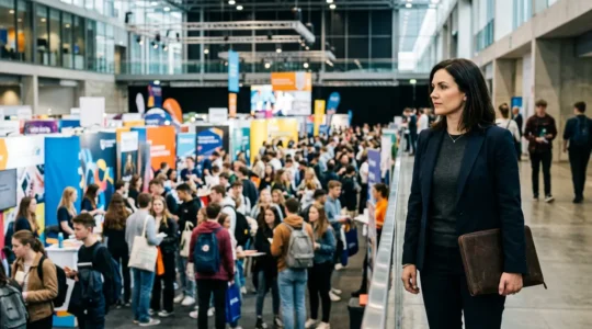 Professionnel mature observant stratégiquement un salon étudiant, debout en périphérie avec une posture confiante