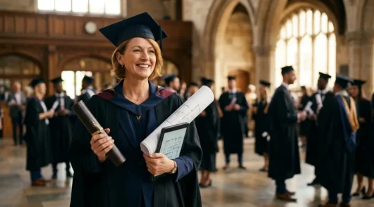 Adulte en tenue professionnelle recevant son diplôme de licence dans un cadre universitaire