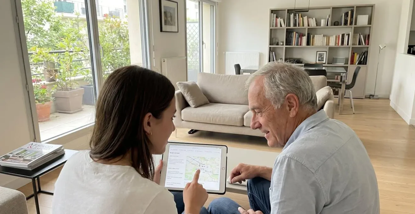 Une femme d'âge moyen et une personne âgée consultent ensemble une tablette dans un salon contemporain lumineux