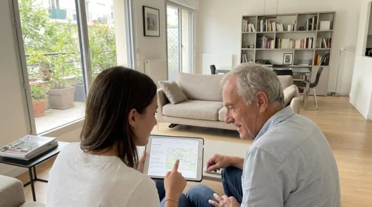 Une femme d'âge moyen et une personne âgée consultent ensemble une tablette dans un salon contemporain lumineux
