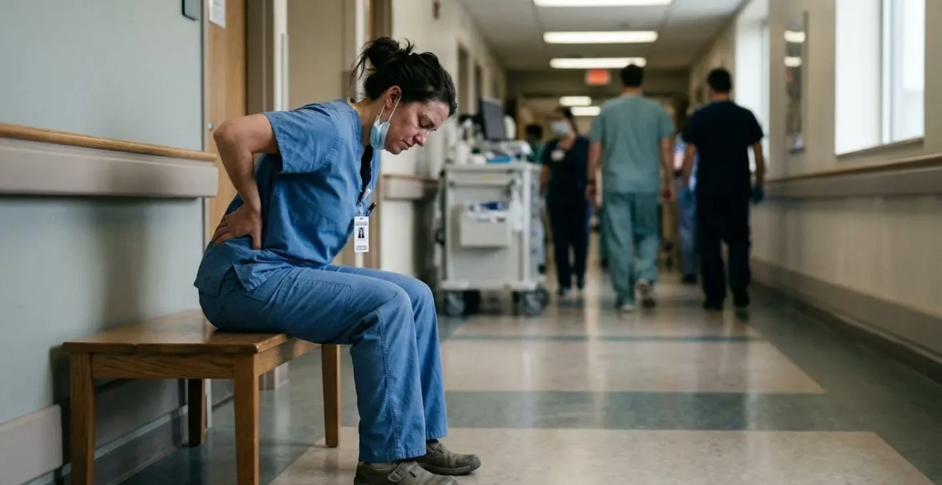 Portrait d'une aide-soignante épuisée prenant une pause dans un couloir d'hôpital, illustrant les défis physiques et mentaux de la profession