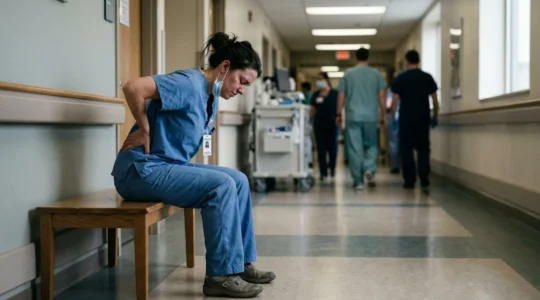 Portrait d'une aide-soignante épuisée prenant une pause dans un couloir d'hôpital, illustrant les défis physiques et mentaux de la profession