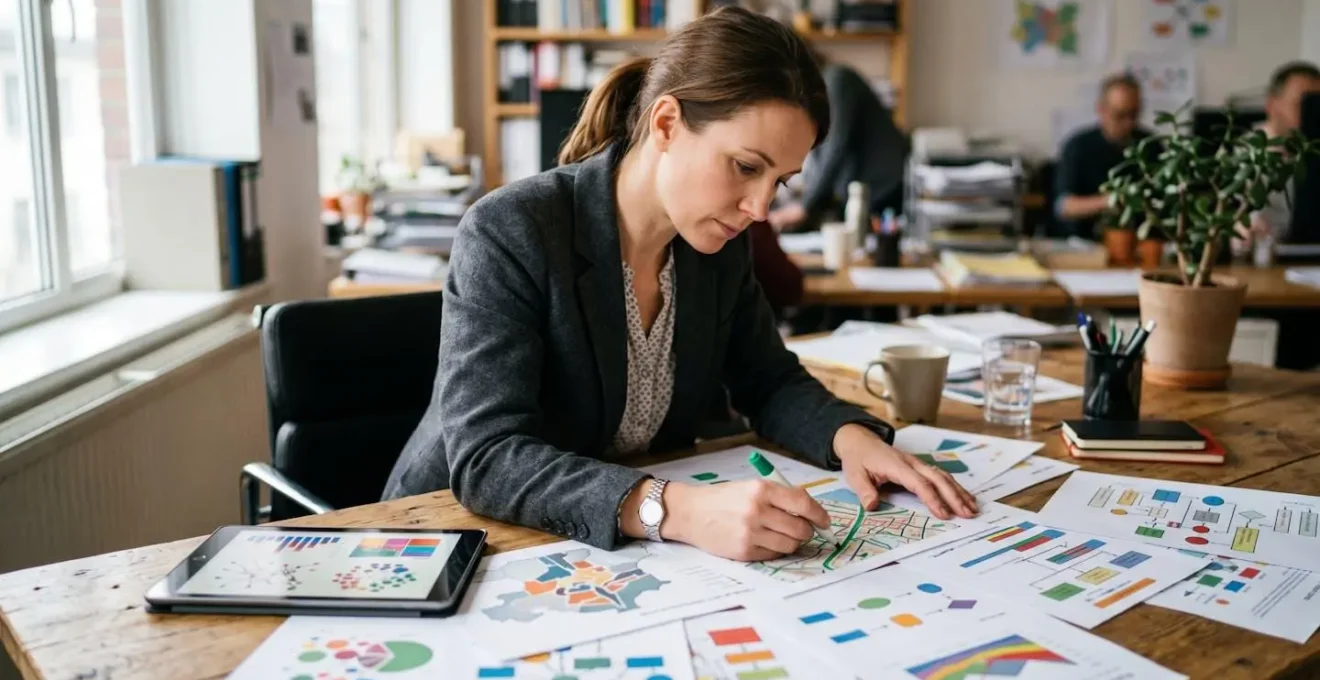 Personne analysant des documents stratégiques régionaux avec cartes et graphiques sur un bureau