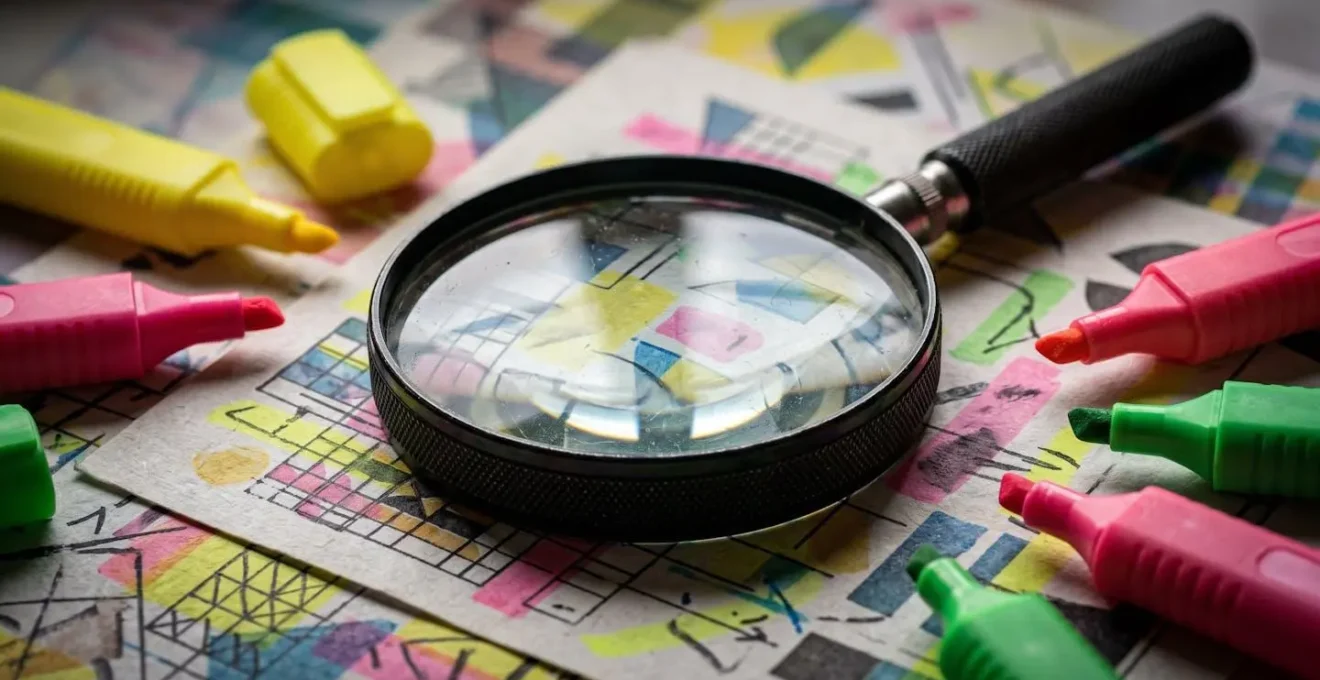 Vue macro d'une loupe posée sur des documents de recrutement avec des surligneurs de différentes couleurs, créant un jeu d'ombres et de lumières