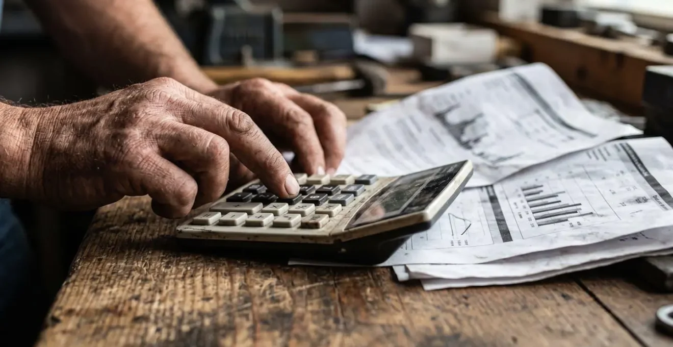 Un artisan examine des documents financiers avec une calculatrice dans son atelier
