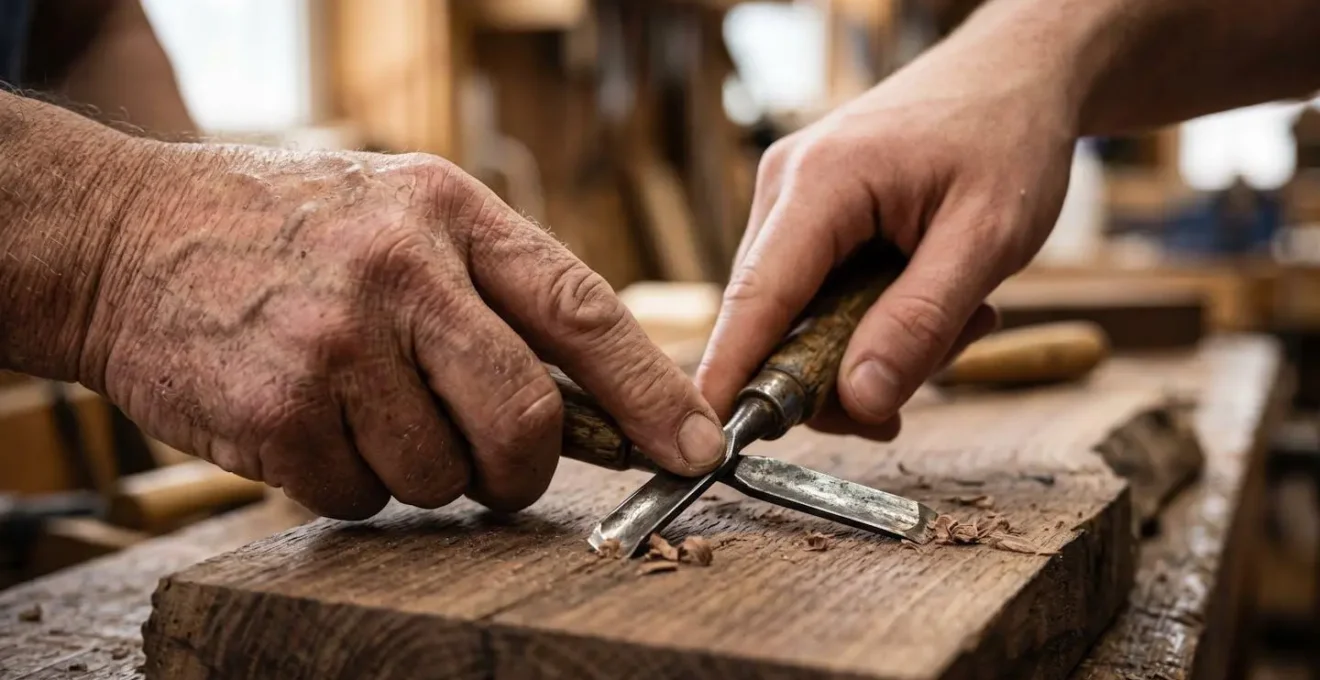 Artisan expérimenté transmettant son savoir-faire à un alternant adulte dans un atelier