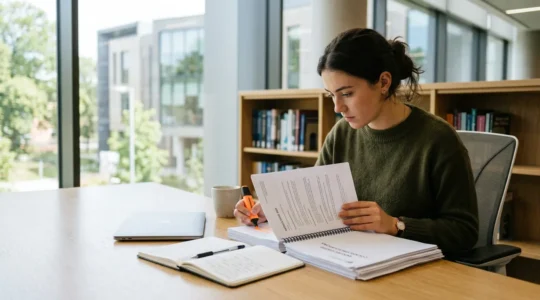 Un étudiant analyse attentivement un dossier de formation dans un environnement d'étude moderne, symbolisant l'évaluation critique d'un programme académique
