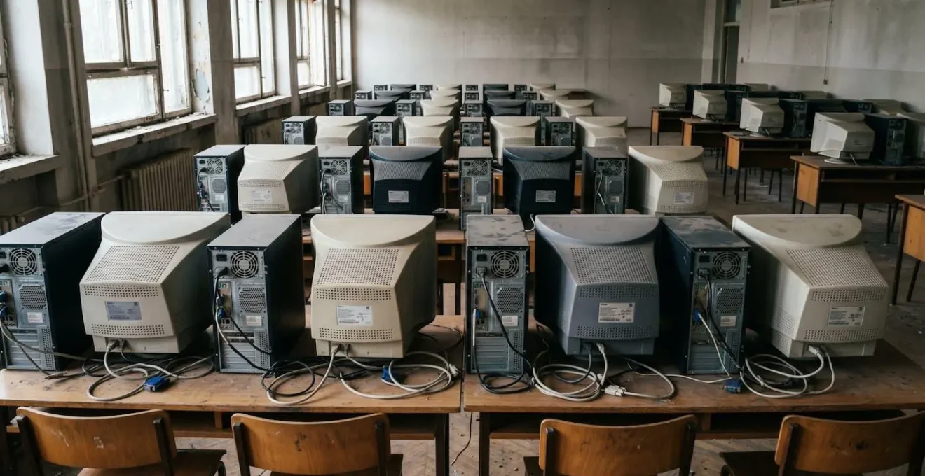 Vue arrière d'écrans d'ordinateur éteints dans une salle informatique vétuste