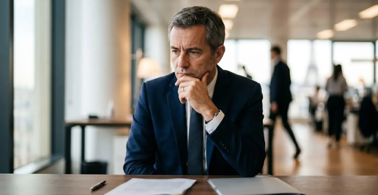Portrait rapproché d'un directeur en réflexion devant deux CV floutés sur son bureau