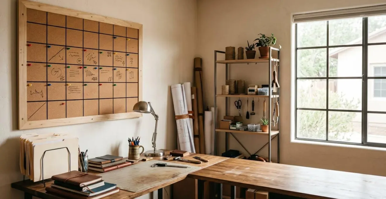 Vue d'un bureau d'artisan avec calendrier mural et planning de chantiers
