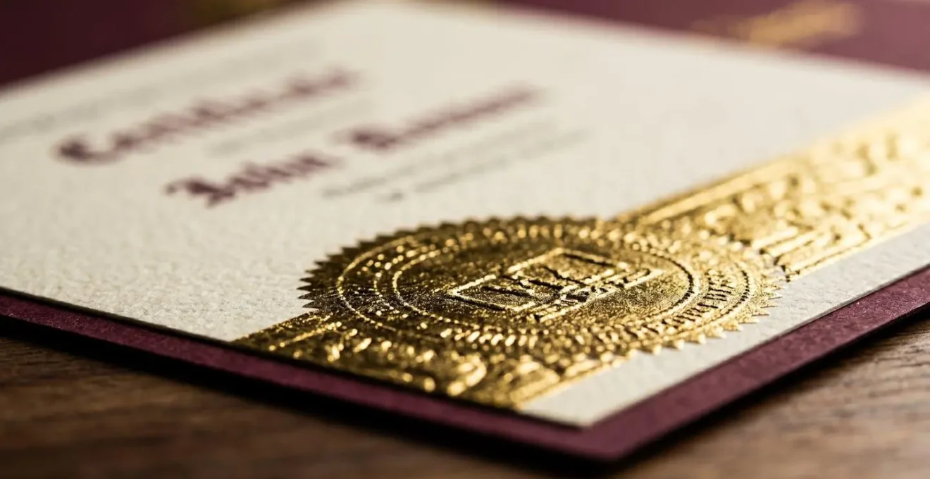 Détail macro d'un certificat professionnel avec mise au point sélective, symbolisant la valeur acquise