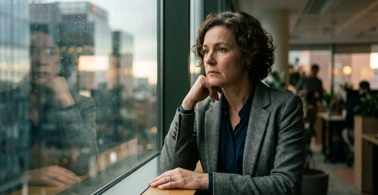 Portrait d'un professionnel regardant pensivement par une fenêtre avec reflet de buildings