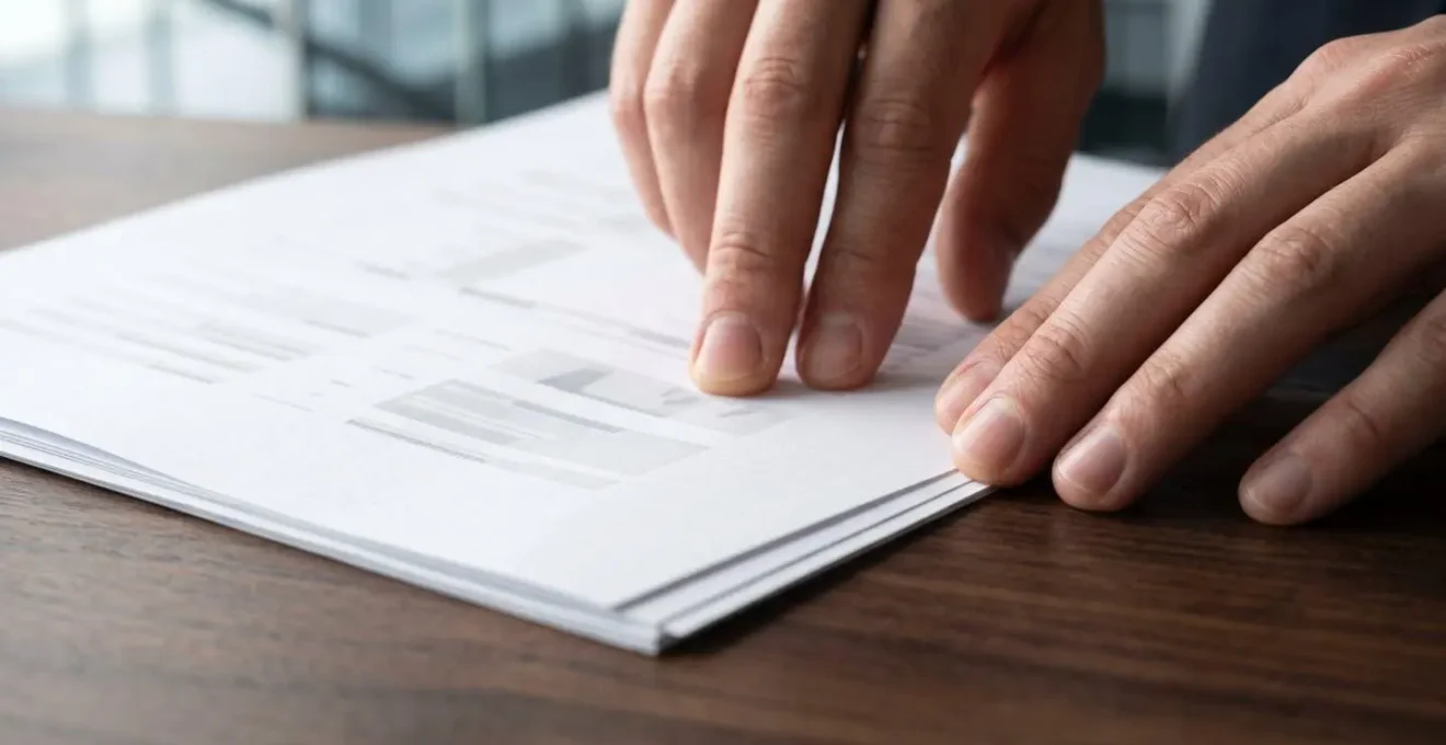Plan rapproché sur les mains d'un professionnel structurant des documents sur un bureau épuré
