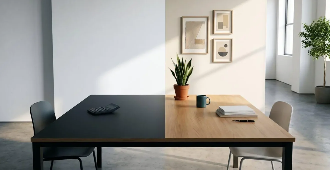 Bureau avec calculatrice et documents comparant les avantages financiers intérim versus CDI