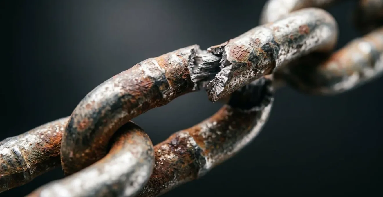 Macro photographie d'une chaîne métallique avec un maillon affaibli prêt à rompre
