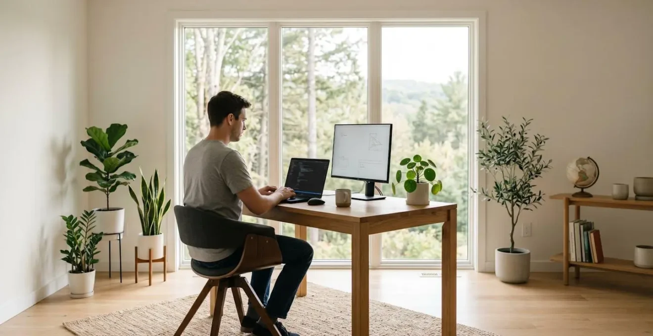 Espace de travail minimaliste avec développeur concentré sur contributions GitHub