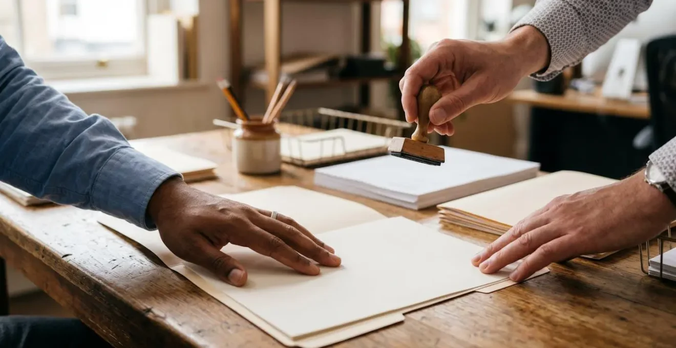 Mains organisant des documents administratifs sur un bureau avec tampon et dossiers