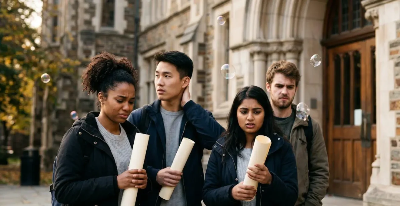 Étudiants devant une école avec des diplômes non reconnus symbolisés par des bulles éclatées