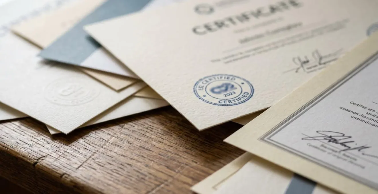 Documents de certification QualiPAC organisés sur bureau avec certificats de formation