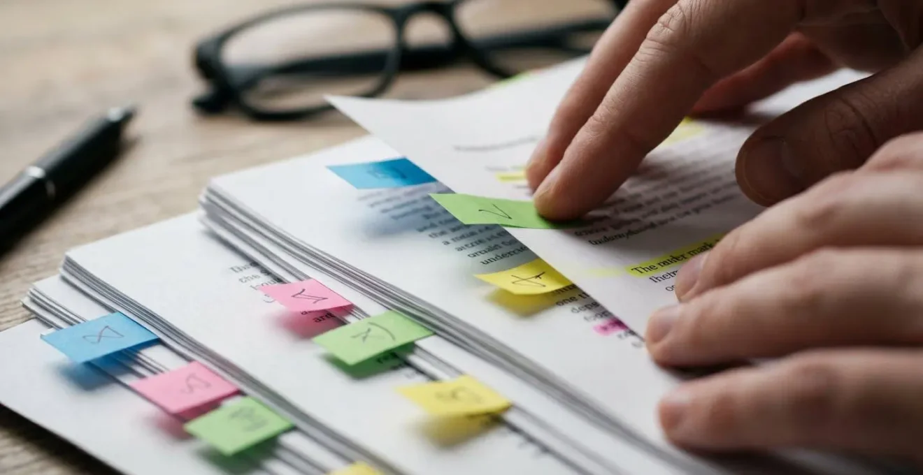 Vue macro sur des documents stratégiquement organisés avec marqueurs colorés sur un bureau