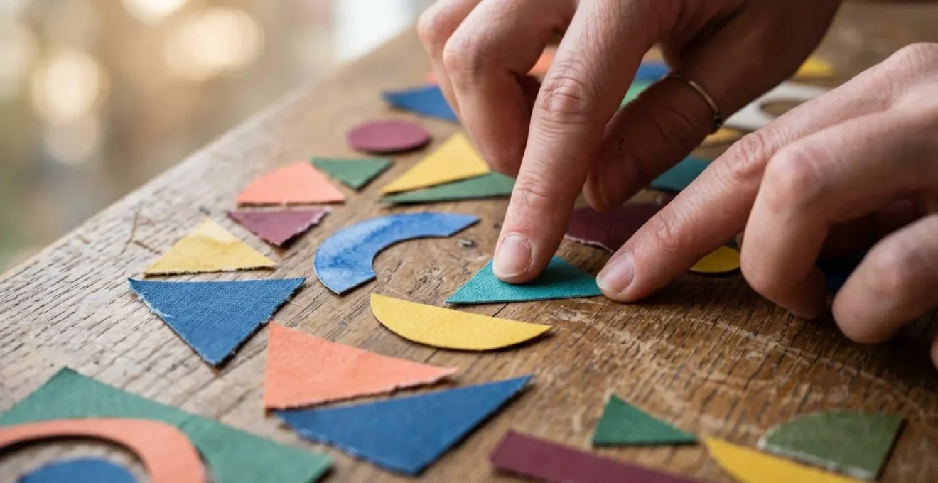 Vue macro de mains organisant des documents colorés sur une table de travail