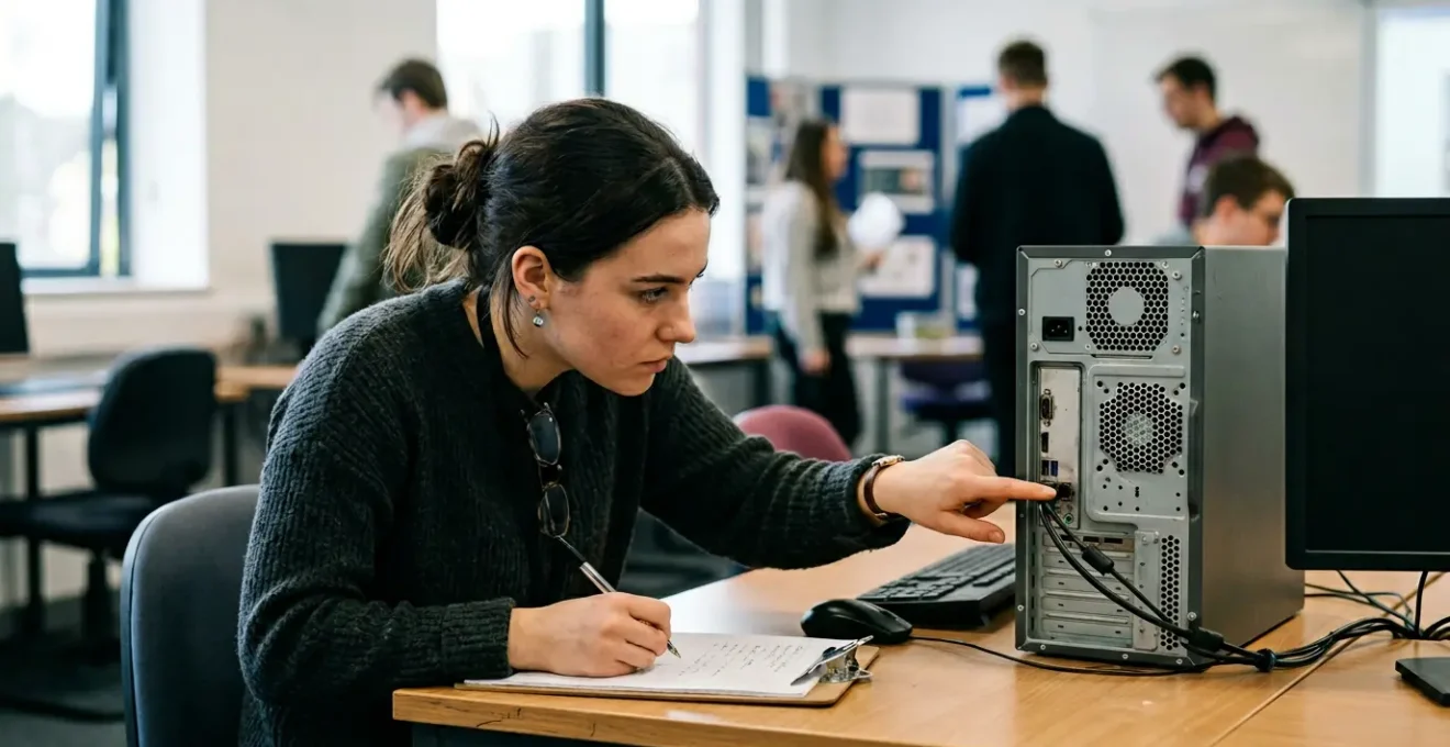 Un visiteur observant attentivement les détails d'une salle de classe moderne lors d'une journée portes ouvertes