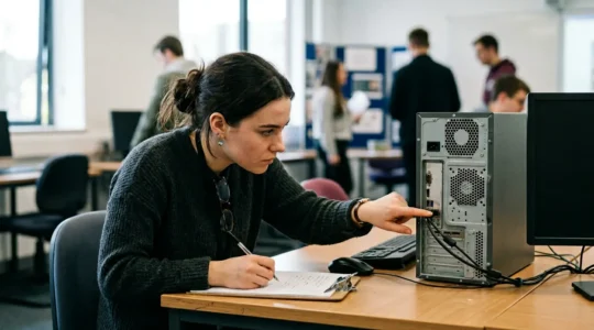 Un visiteur observant attentivement les détails d'une salle de classe moderne lors d'une journée portes ouvertes