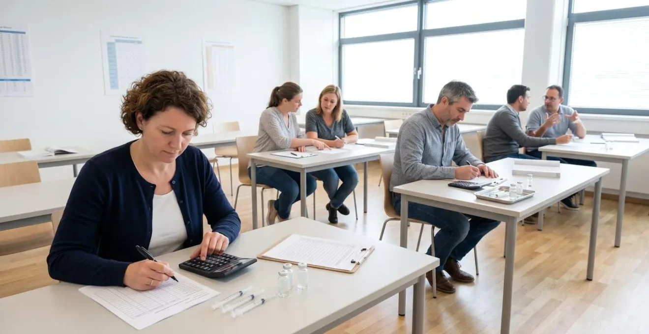 Étudiants adultes en reconversion pratiquant des exercices de calcul de doses avec du matériel médical