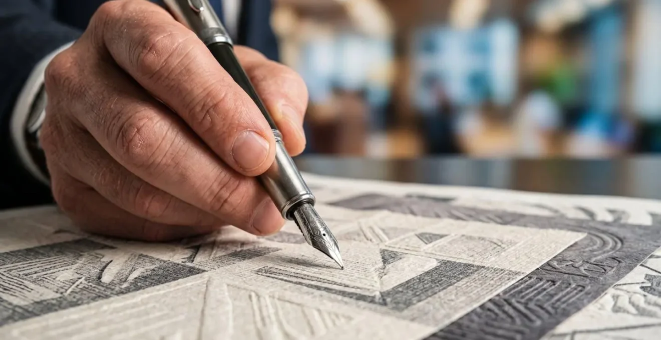 Vue macro d'une main tenant un stylo au-dessus de documents lors d'un entretien professionnel