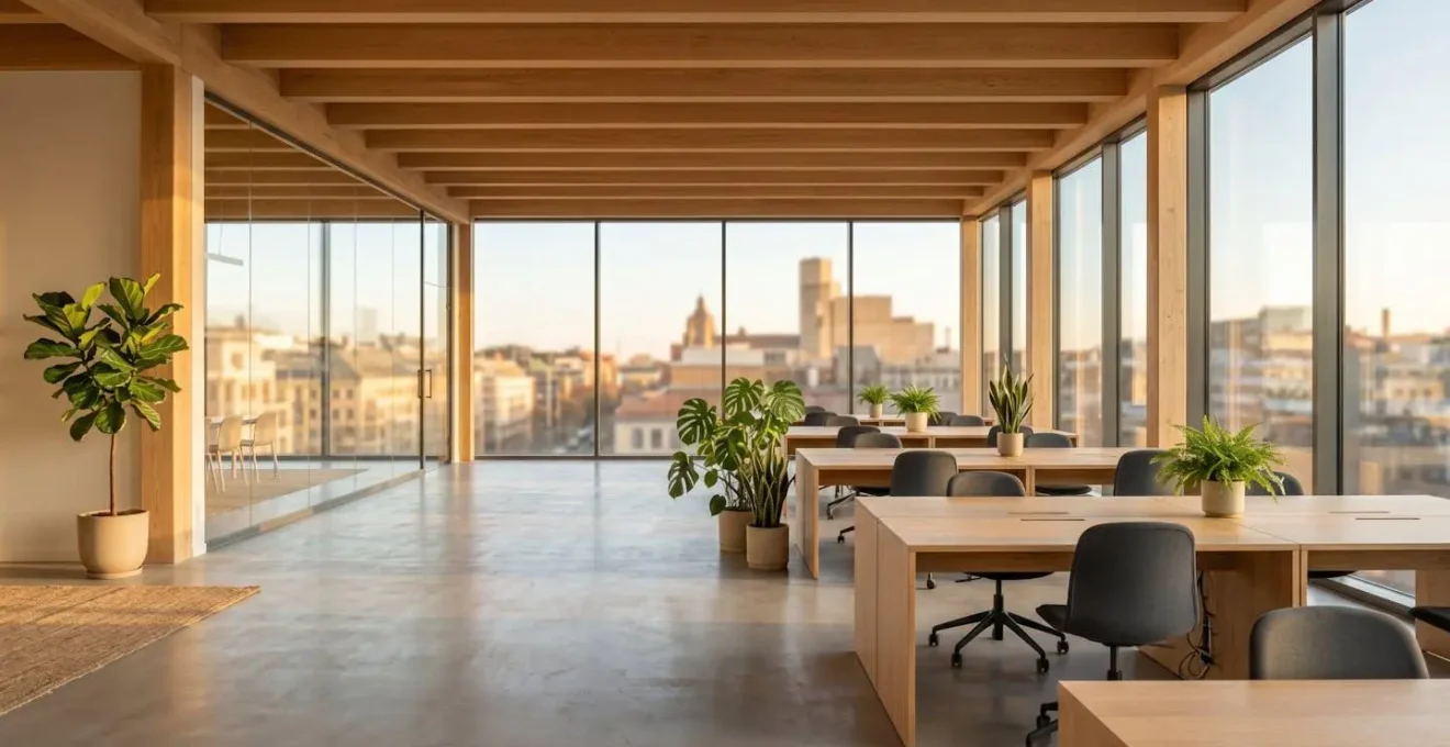Espace de coworking moderne avec lumière naturelle et espaces verts