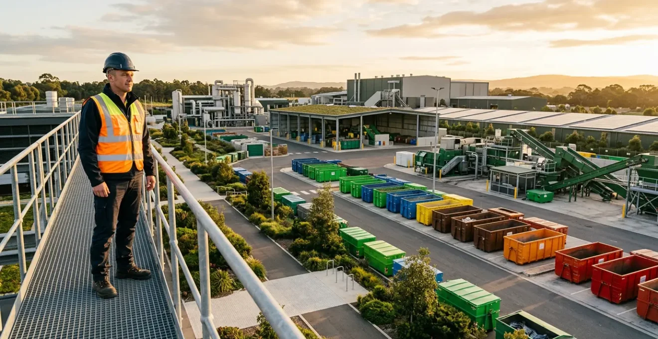 Expert en conformité environnementale inspectant un site industriel avec des conteneurs de déchets sécurisés