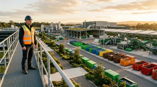 Expert en conformité environnementale inspectant un site industriel avec des conteneurs de déchets sécurisés