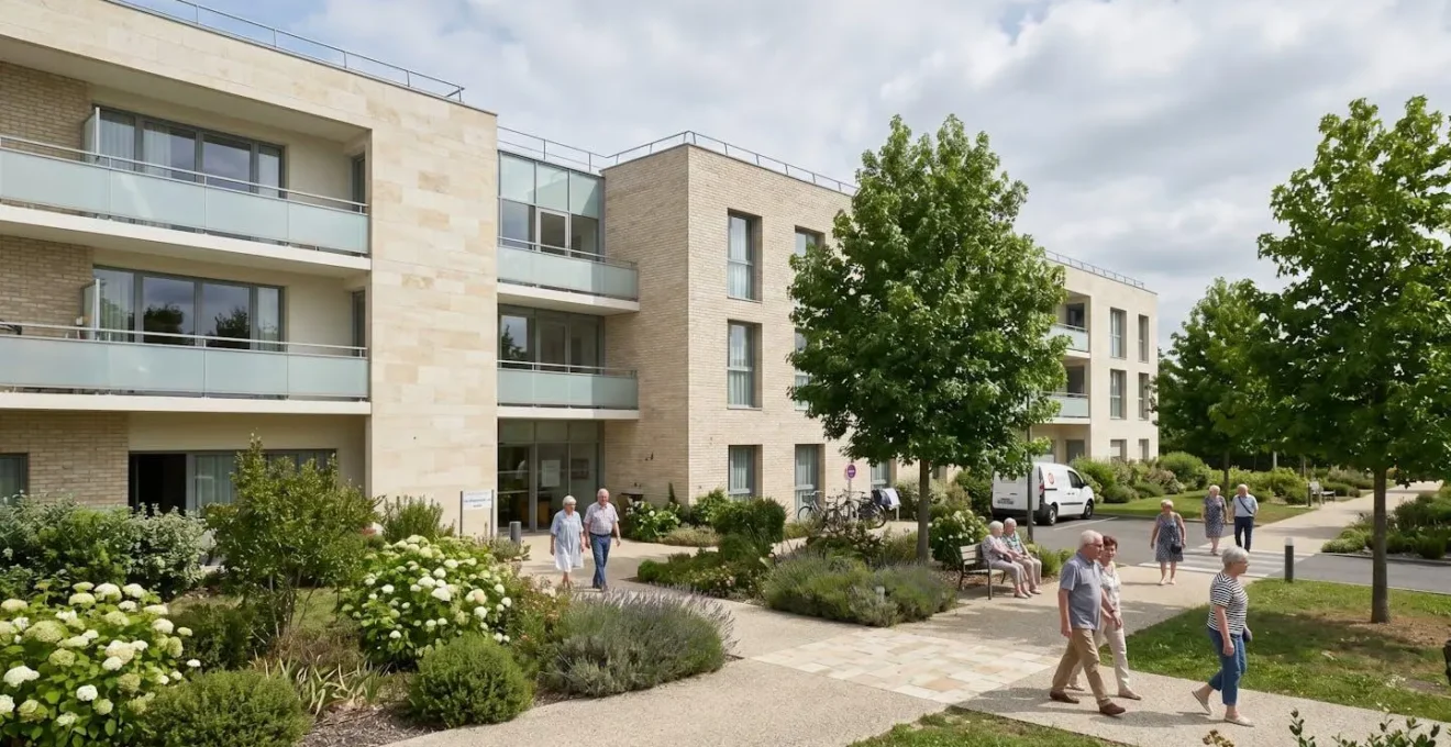 Vue extérieure d'un établissement médico-social contemporain avec façade lumineuse et jardin arboré