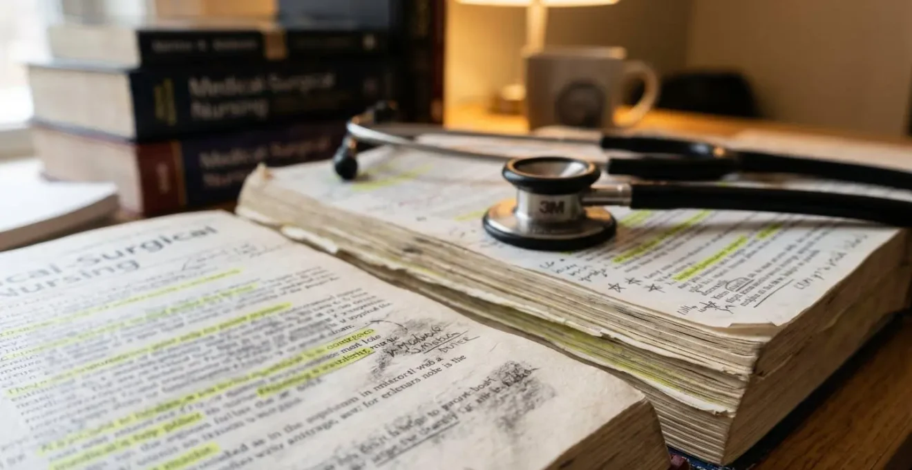 Matériel d'étude et manuels de formation infirmière disposés sur un bureau, vue macro sur les textures des pages