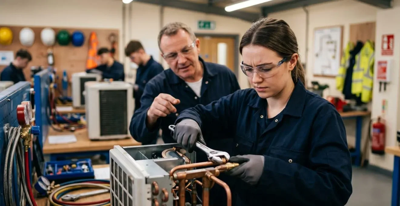 Session de formation technique avec installateurs travaillant sur pompe à chaleur en atelier