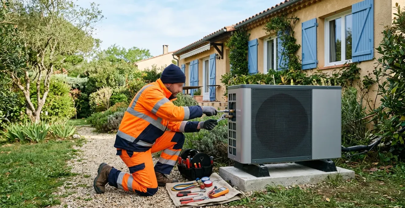 Installateur thermique RGE travaillant sur une pompe à chaleur dans une maison française
