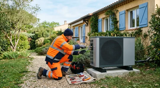 Installateur thermique RGE travaillant sur une pompe à chaleur dans une maison française