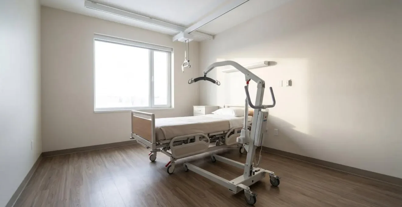 Matériel de levage médical dans une chambre d'EHPAD, vue en angle montrant le dispositif mécanique sans personnel