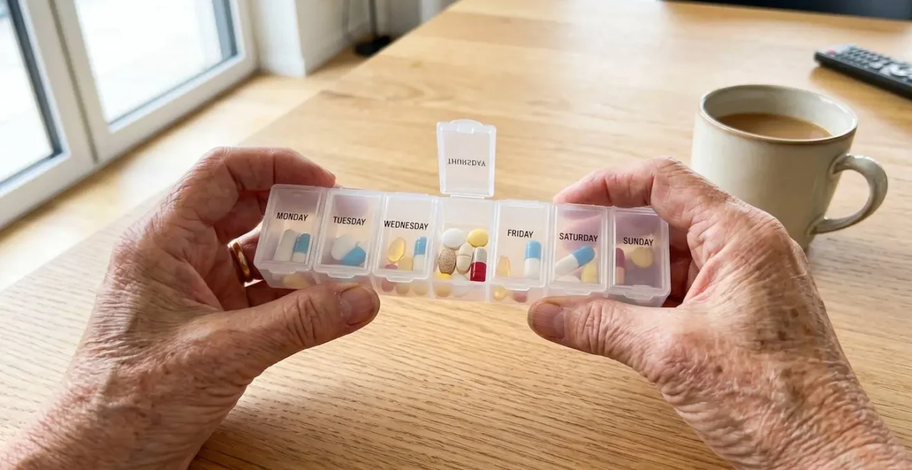 Gros plan sur les mains d'une personne âgée manipulant un pilulier posé sur une surface claire