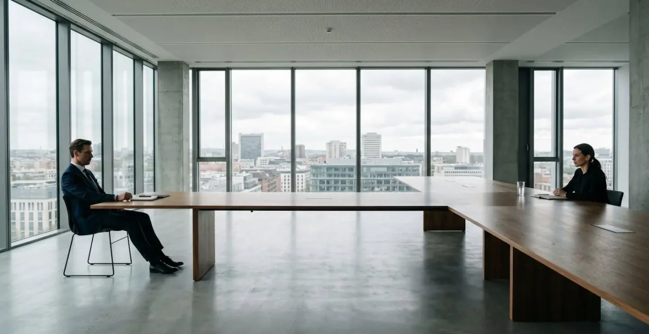 Vue large d'un bureau moderne avec deux personnes en discussion finale, symbolisant la tension